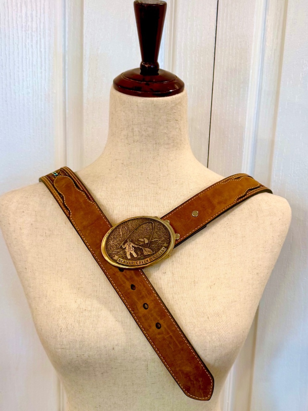 NWOT Nocona Leather Aztec Belt, Vintage  Beaver Creek Anglers Custom *Buckle #38